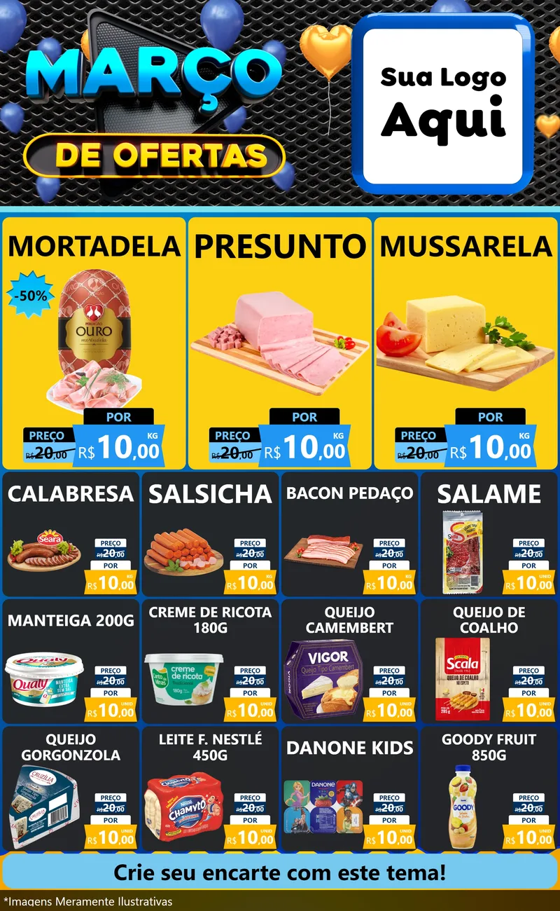 Modelo de Encarte para Encarte Grande com o tema Março de Ofertas para Frios e Laticínios