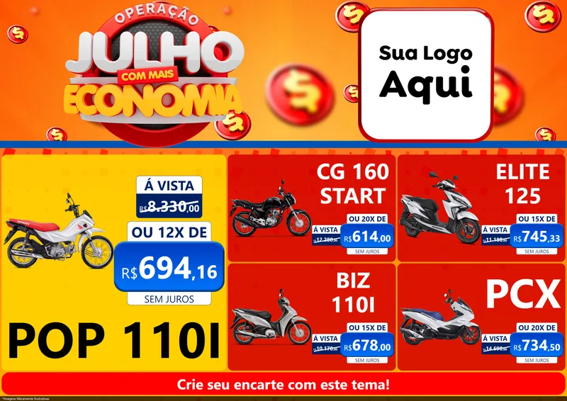 Modelo de Encarte para Encarte A4 Horizontal com o tema Operação Julho Com Mais Economia para Concessionaria de Motos