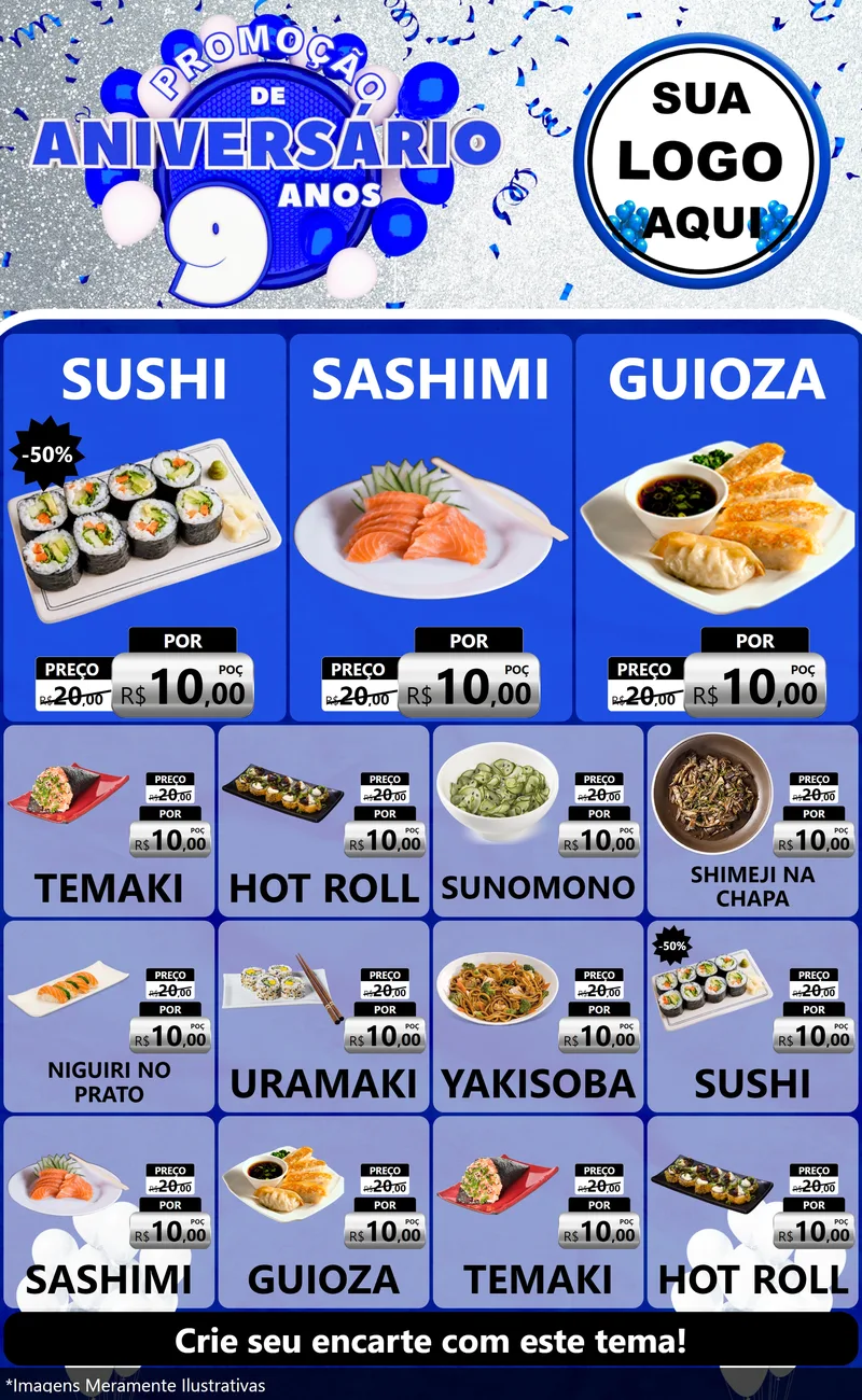 Modelo de Encarte para Encarte Grande com o tema Promoção de Aniversário - 9 Anos para Comida japonesa