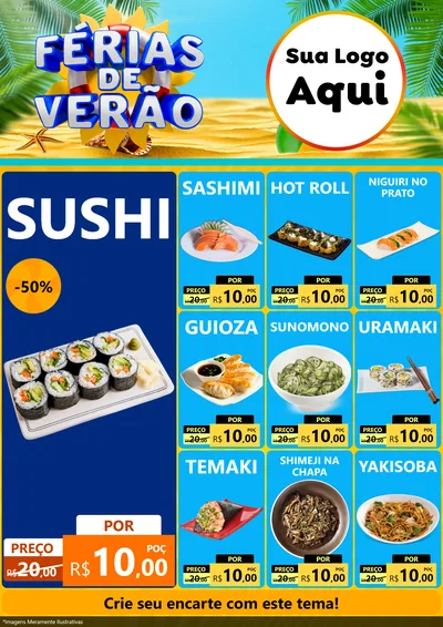 Modelo de Encarte para Encarte A4 Vertical com o tema Férias de Verão para Comida japonesa