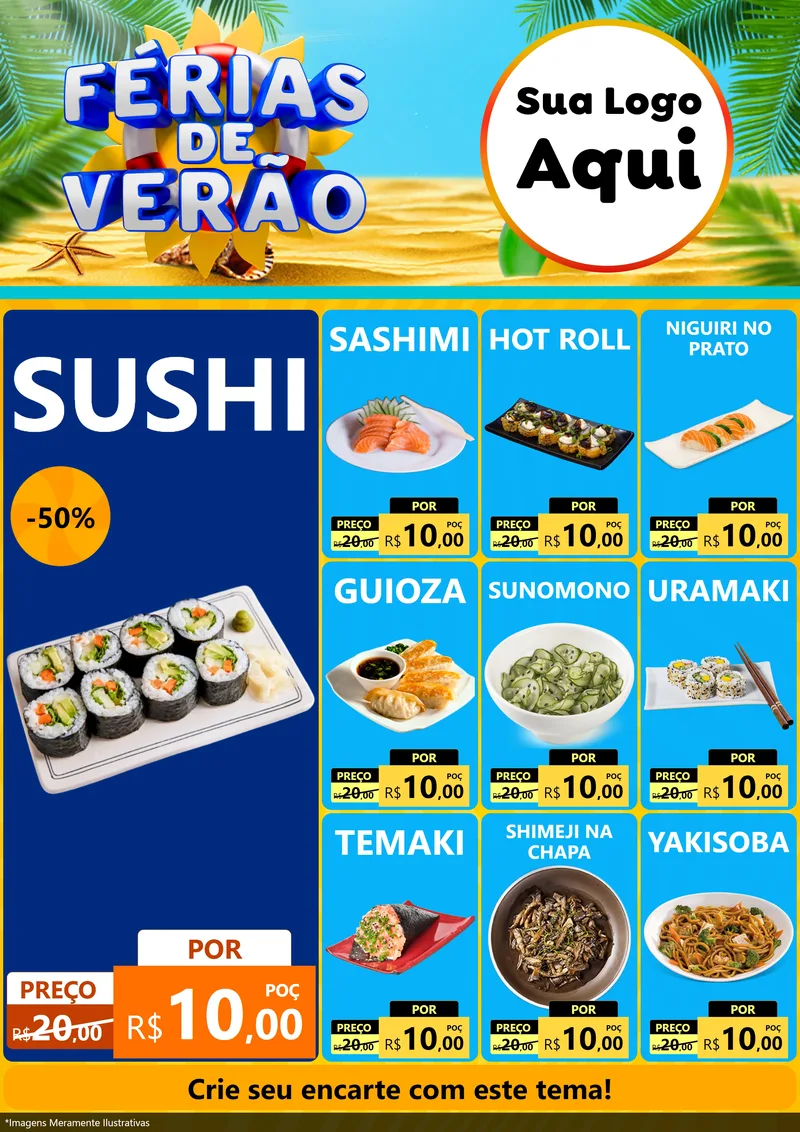 Modelo de Encarte para Encarte A4 Vertical com o tema Férias de Verão para Comida japonesa