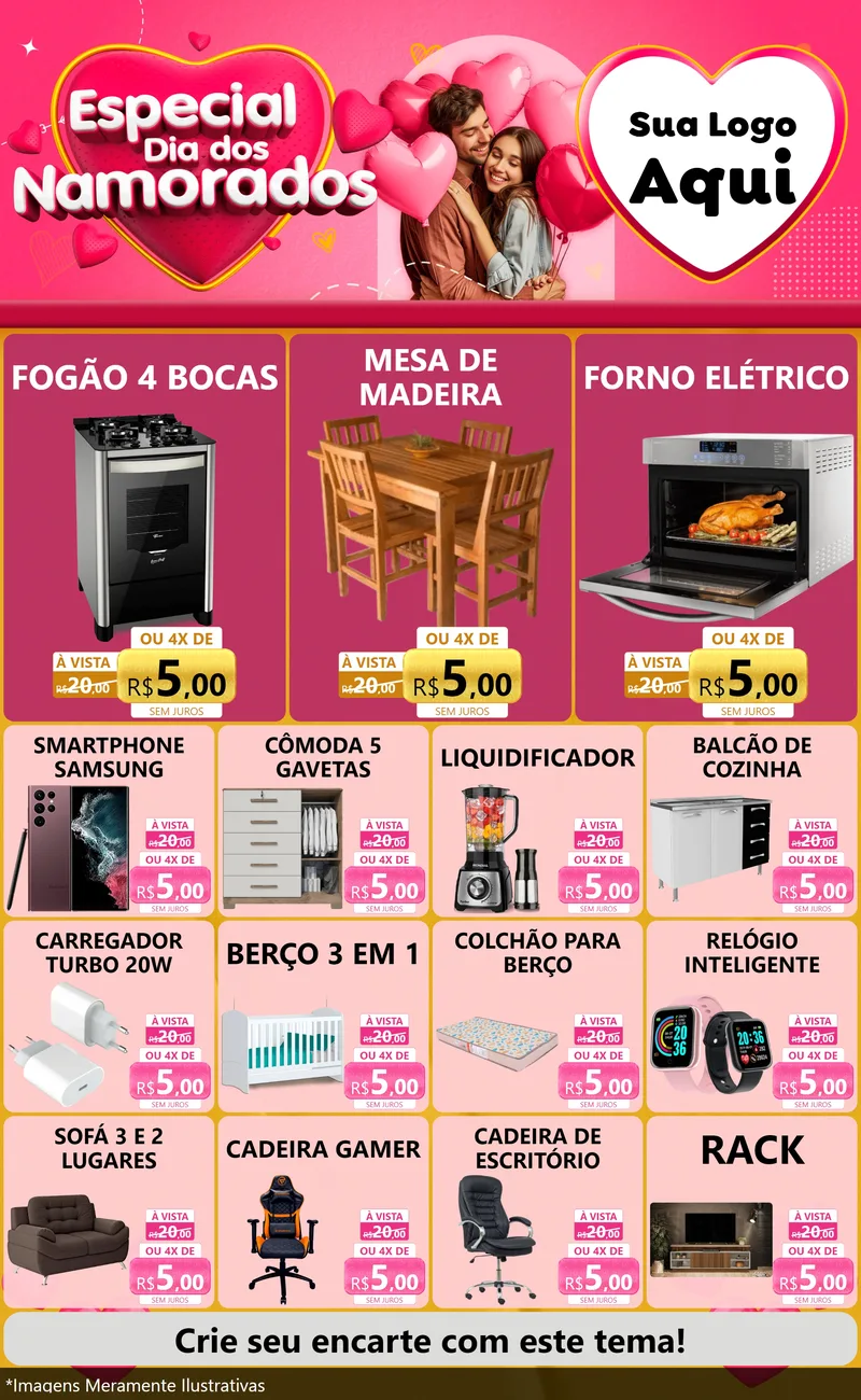 Modelo de Encarte para Encarte Grande com o tema Especial Dia dos Namorados para Móveis e Eletro