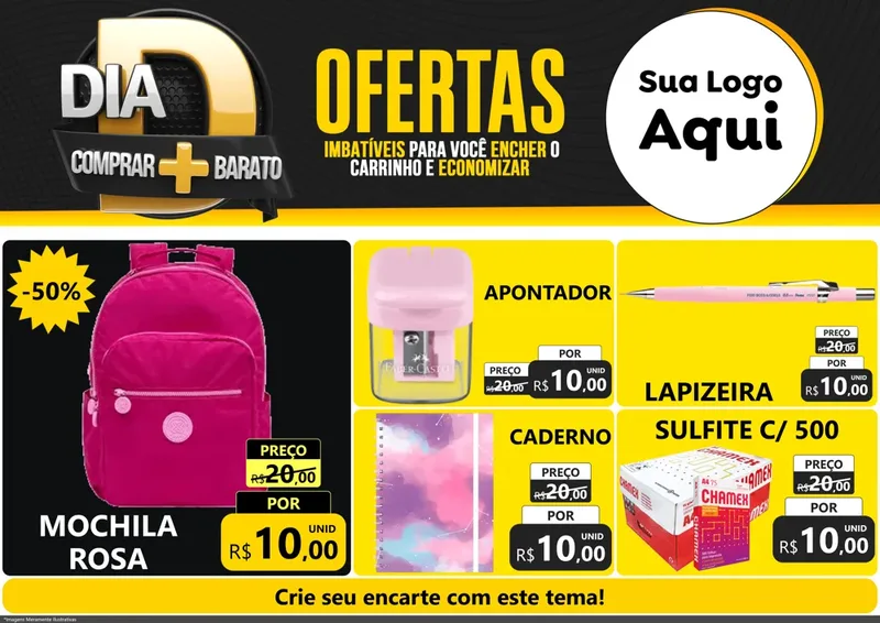 Modelo de Encarte para Encarte A4 Horizontal com o tema Dia D Mais Economia para Papelaria
