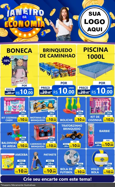 Modelo de Encarte para Encarte Grande com o tema Janeiro da Economia para Brinquedos