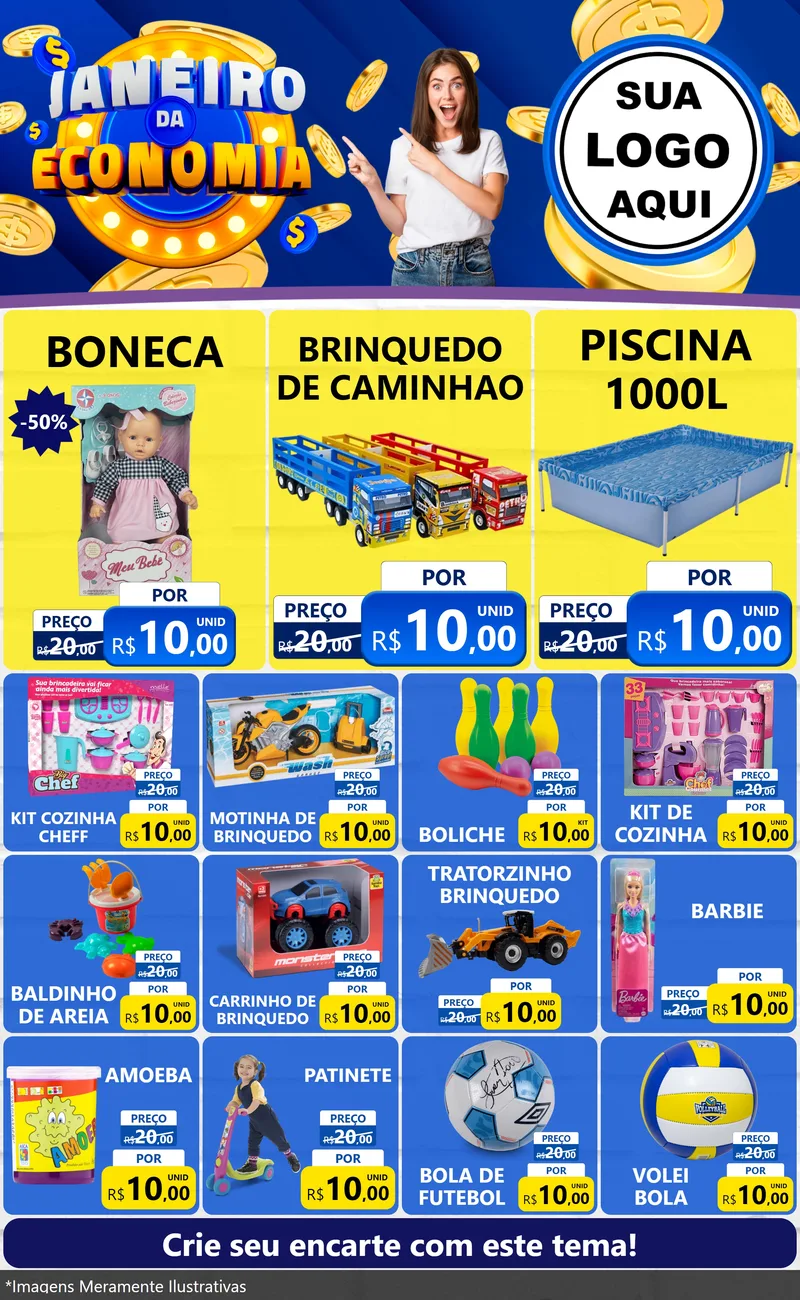 Modelo de Encarte para Encarte Grande com o tema Janeiro da Economia para Brinquedos