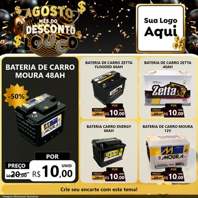 Modelo de Rede Social para Feed Facebook com o tema Agosto Mês do Desconto Louco para Baterias Elétricas