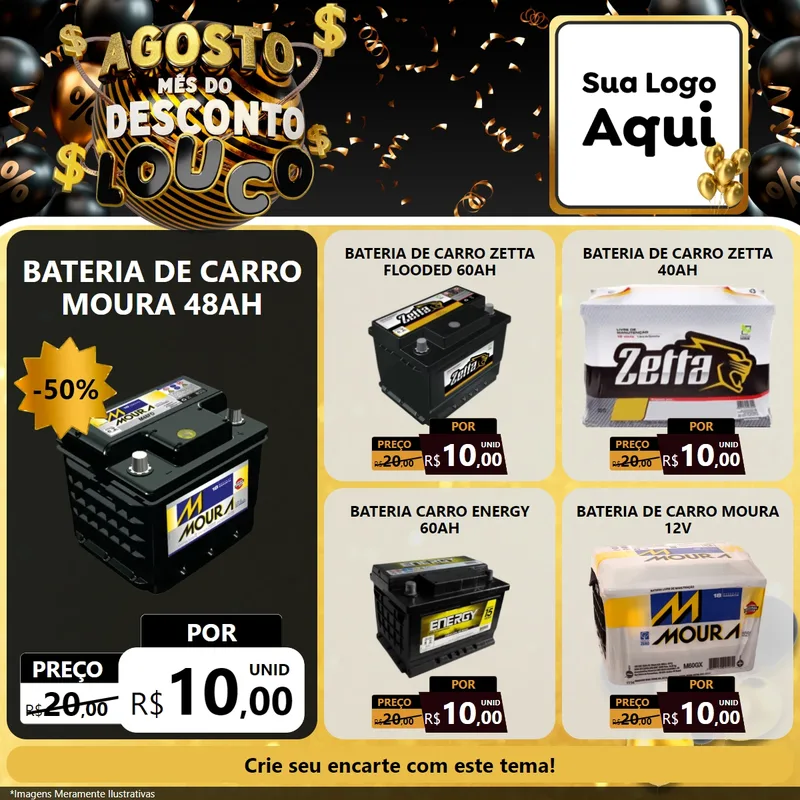 Modelo de Rede Social para Feed Facebook com o tema Agosto Mês do Desconto Louco para Baterias Elétricas
