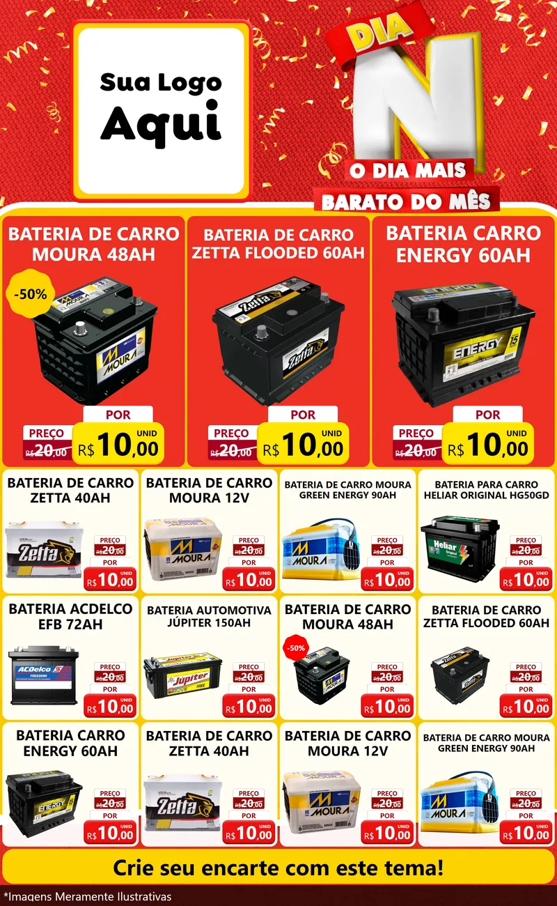 Modelo de Encarte para Encarte Grande com o tema Dia N o Dia Mais Barato do Mês para Baterias Elétricas