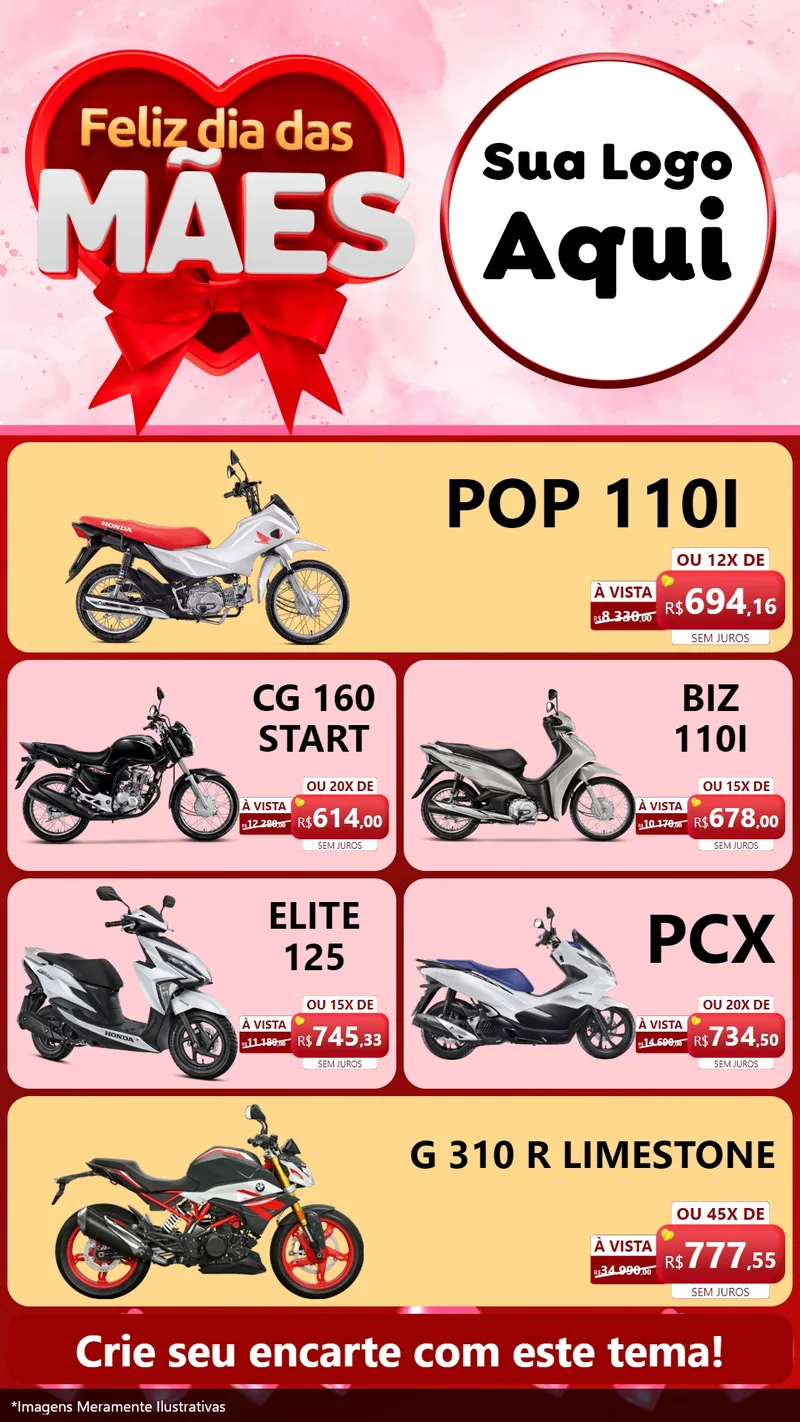 Modelo de TV para TV Vertical com o tema Feliz Dia Das Mães para Concessionaria de Motos