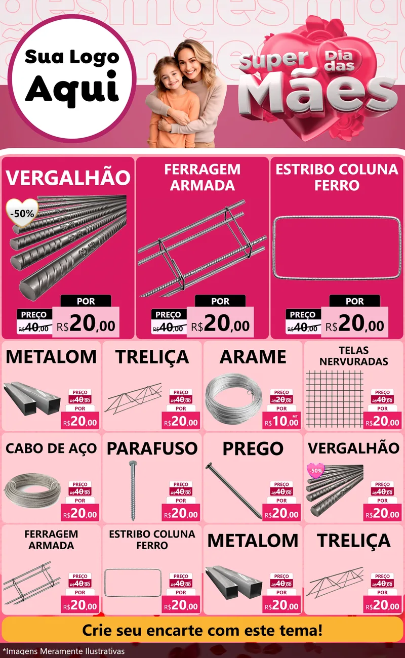 Modelo de Encarte para Encarte Grande com o tema Super Dia Das Mães para Ferragens