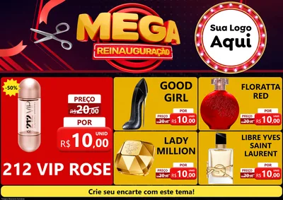 Modelo de Encarte para Encarte A4 Horizontal com o tema Mega Reinauguração para Perfumes
