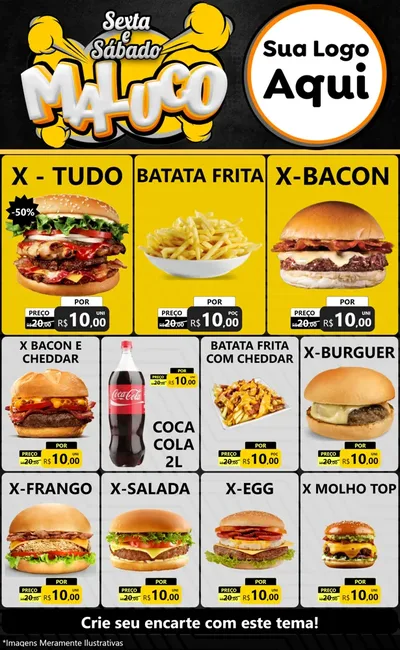 Modelo de Encarte para Encarte Grande com o tema Sexta e Sábado Maluco para Hamburgueria