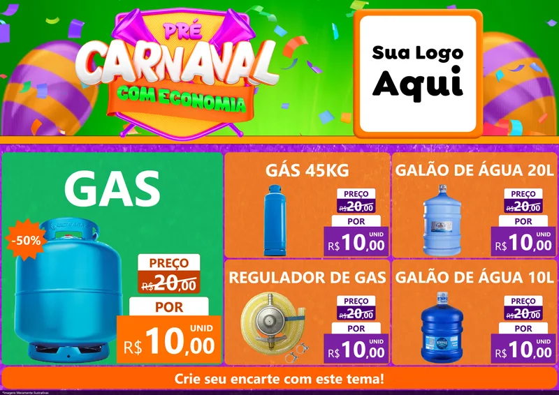 Modelo de Encarte para Encarte A4 Horizontal com o tema Pré-Carnaval Com Economia para Água e gás
