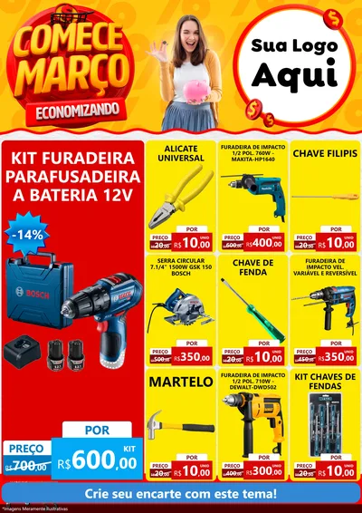 Modelo de Encarte para Encarte A4 Vertical com o tema Comece Março Economizando para Maquinas e Ferramentas