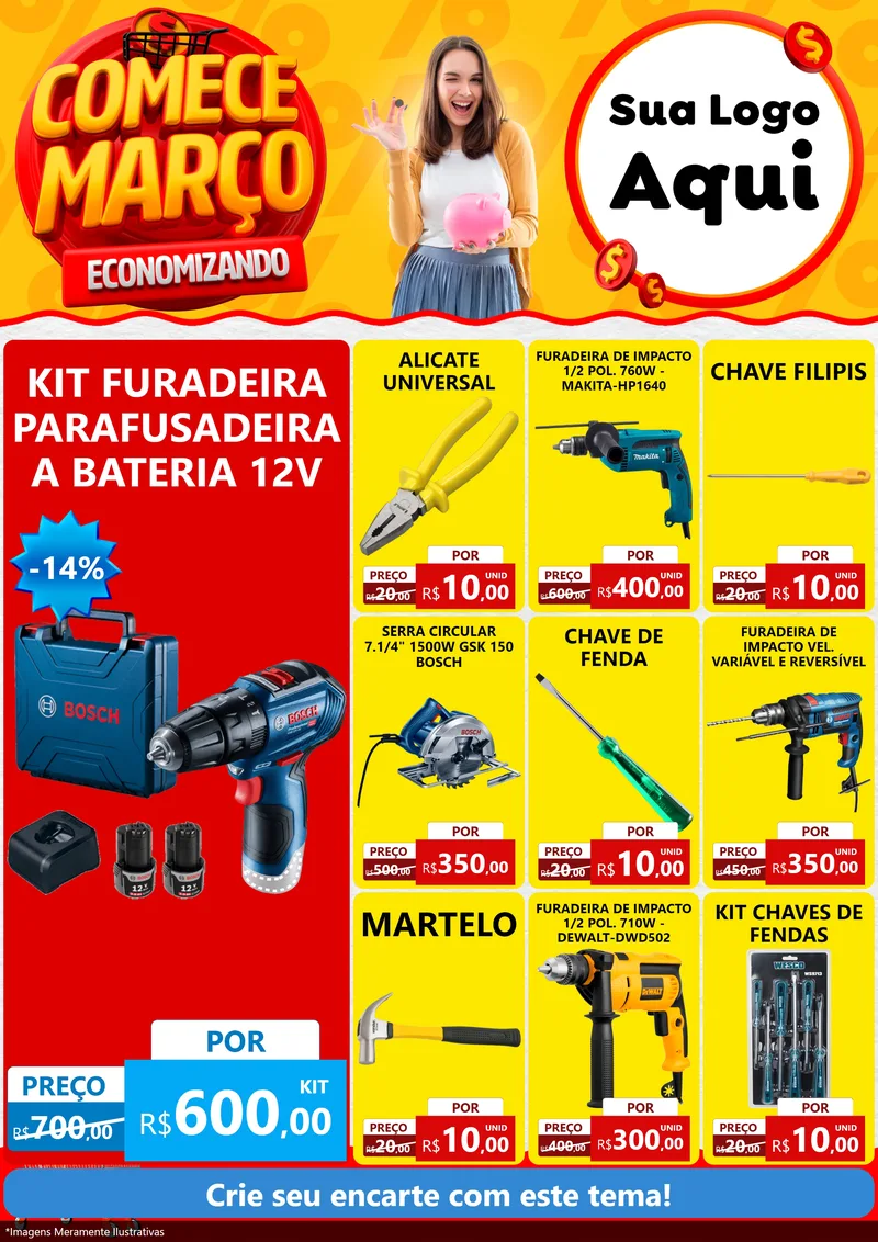 Modelo de Encarte para Encarte A4 Vertical com o tema Comece Março Economizando para Maquinas e Ferramentas