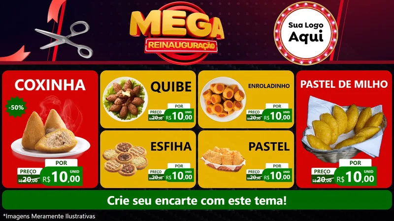 Modelo de TV para TV Horizontal com o tema Mega Reinauguração para Salgadaria
