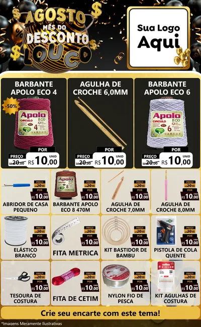 Modelo de Encarte para Encarte Grande com o tema Agosto Mês do Desconto Louco para Armarinho e Aviamentos