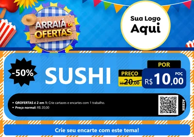 Modelo de Cartaz para Cartaz A4 Horizontal com o tema Arraiá de Ofertas para Comida japonesa