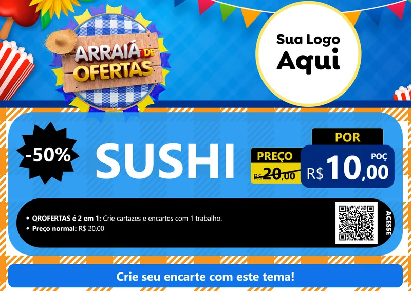 Modelo de Cartaz para Cartaz A4 Horizontal com o tema Arraiá de Ofertas para Comida japonesa