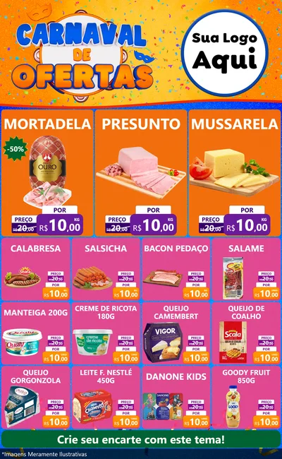 Modelo de Encarte para Encarte Grande com o tema Carnaval de Ofertas para Frios e Laticínios