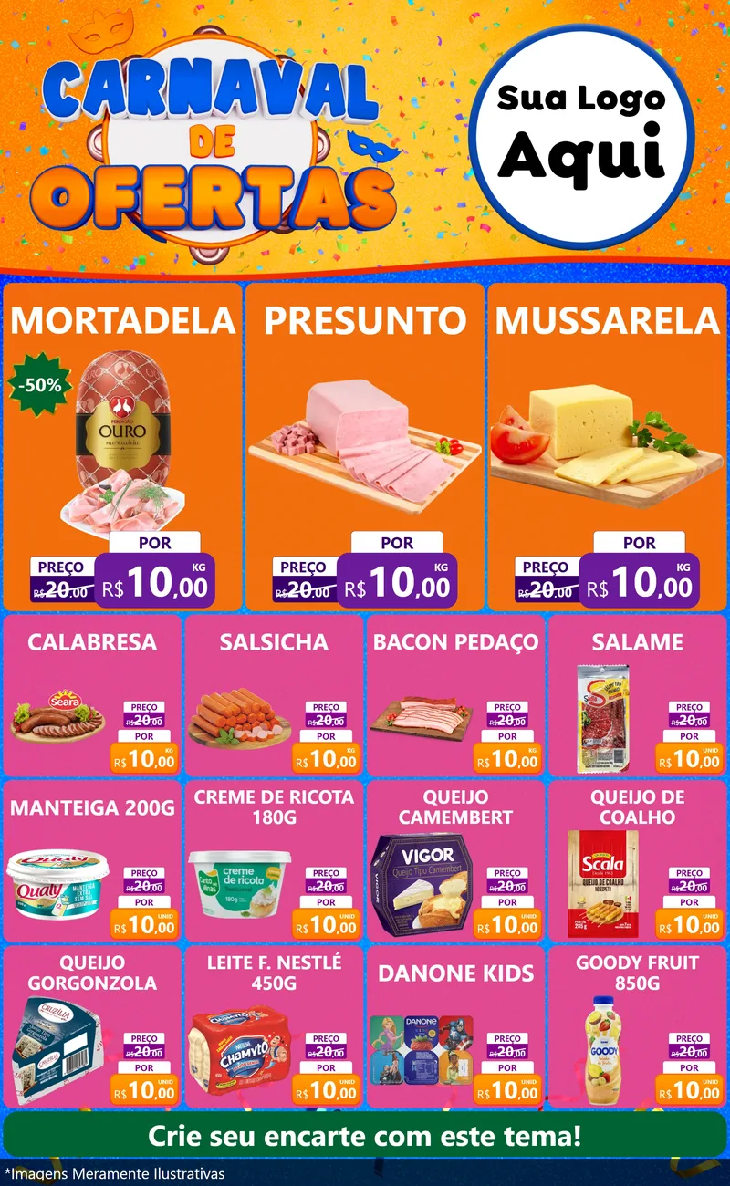 Modelo de Encarte para Encarte Grande com o tema Carnaval de Ofertas para Frios e Laticínios