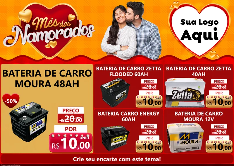 Modelo de Encarte para Encarte A4 Horizontal com o tema Mês dos Namorados para Baterias Elétricas