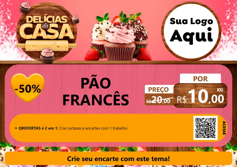 Modelo de Cartaz para Cartaz A4 Horizontal com o tema Delícias da Casa para Padaria
