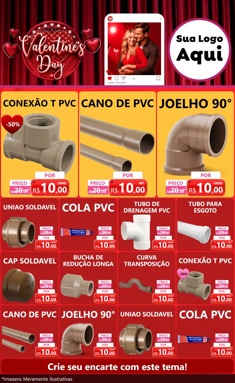 Modelo de Encarte para Encarte Grande com o tema Valentine's Day para Tubos e conexões