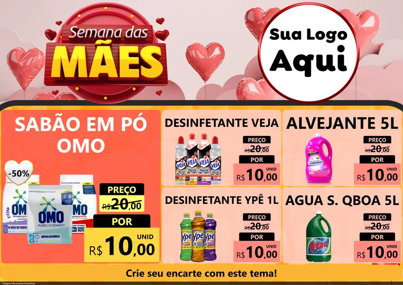 Modelo de Encarte para Encarte A4 Horizontal com o tema Semana das Mães para Produtos de Limpeza
