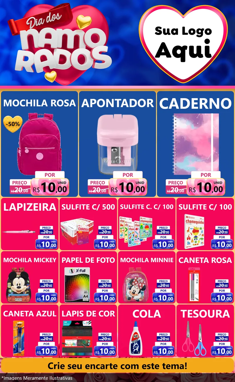 Modelo de Encarte para Encarte Grande com o tema Dia dos namorados para Papelaria
