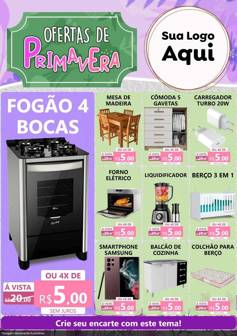 Modelo de Encarte para Encarte A4 Vertical com o tema Ofertas de Primavera para Móveis e Eletro