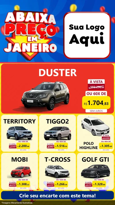 Modelo de Rede Social para Stories com o tema Abaixa Preço em Janeiro para Concessionaria de Carros