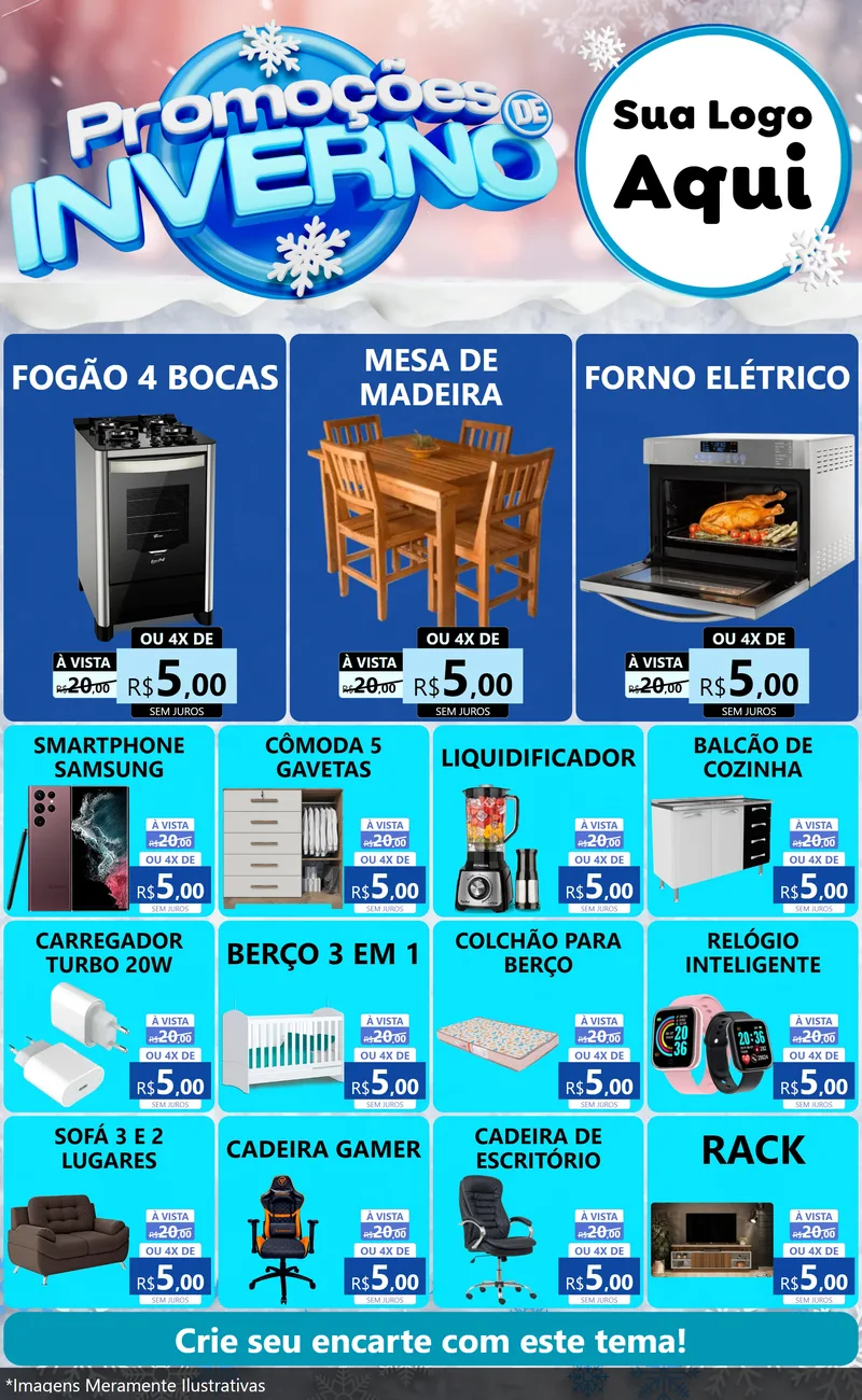 Modelo de Encarte para Encarte Grande com o tema Promoções de Inverno para Móveis e Eletro