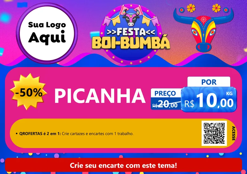 Modelo de Cartaz para Cartaz A4 Horizontal com o tema Festa Boi-Bumbá para Açougue