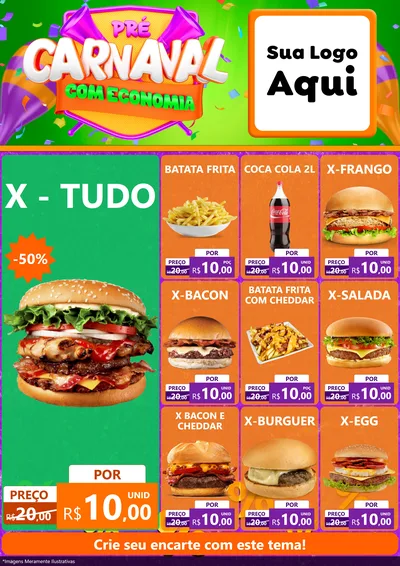Modelo de Encarte para Encarte A4 Vertical com o tema Pré-Carnaval Com Economia para Hamburgueria