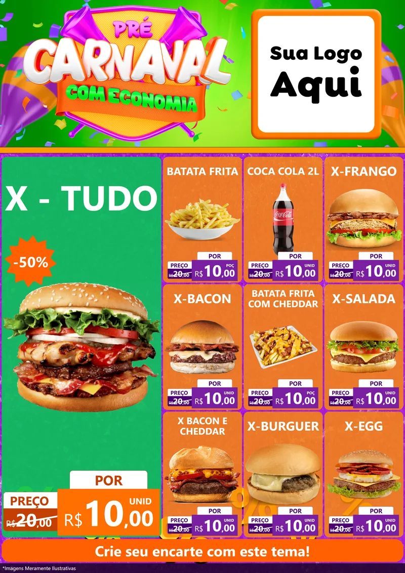 Modelo de Encarte para Encarte A4 Vertical com o tema Pré-Carnaval Com Economia para Hamburgueria