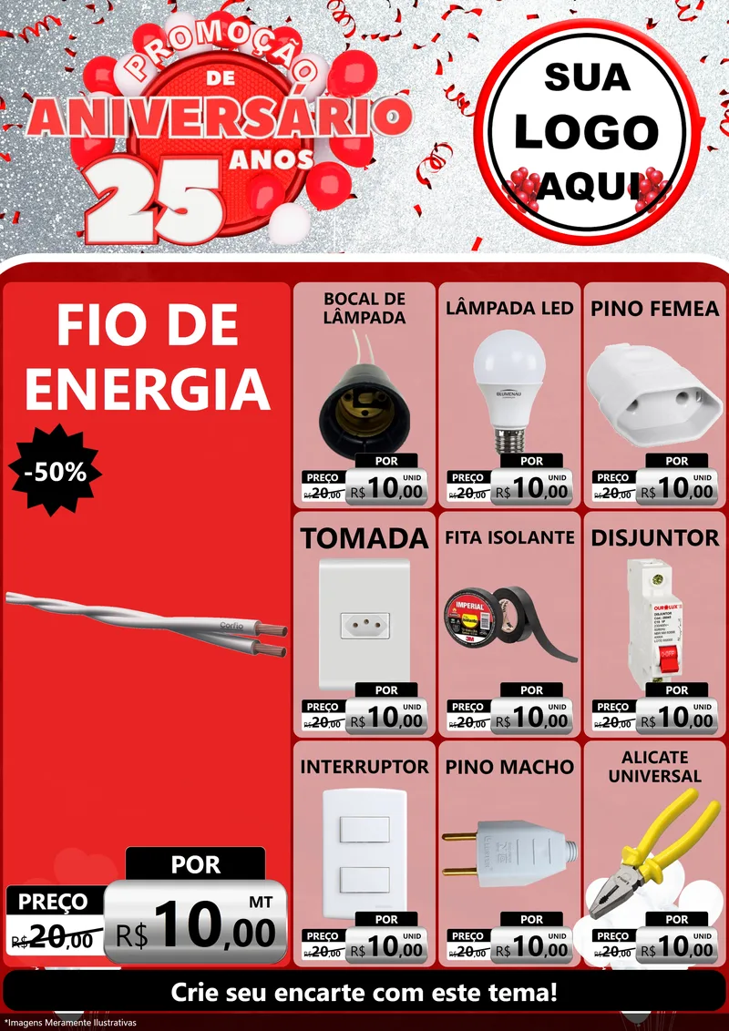 Modelo de Encarte para Encarte A4 Vertical com o tema Promoção de Aniversário - 25Anos para Materiais Elétricos