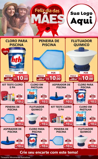 Modelo de Encarte para Encarte Grande com o tema Feliz Dia Das Mães para Produtos para Piscina