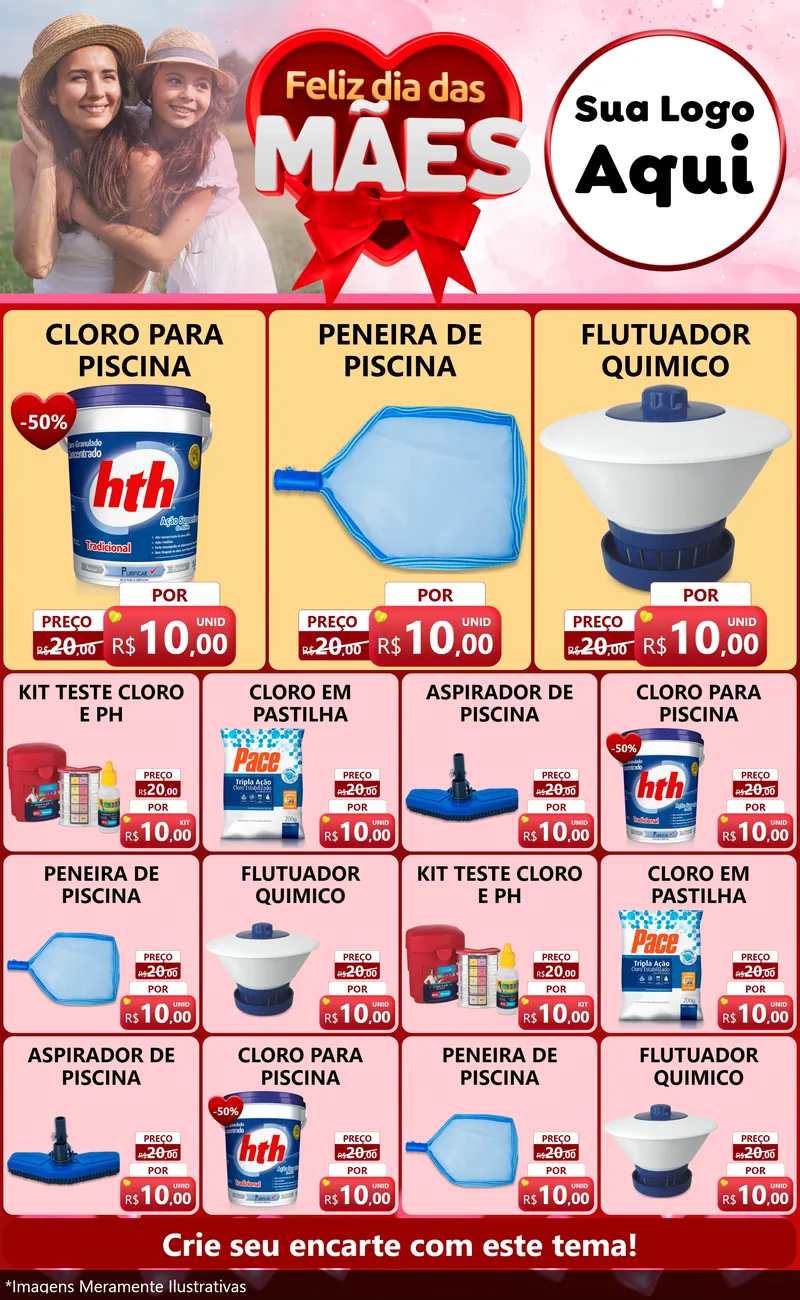 Modelo de Encarte para Encarte Grande com o tema Feliz Dia Das Mães para Produtos para Piscina