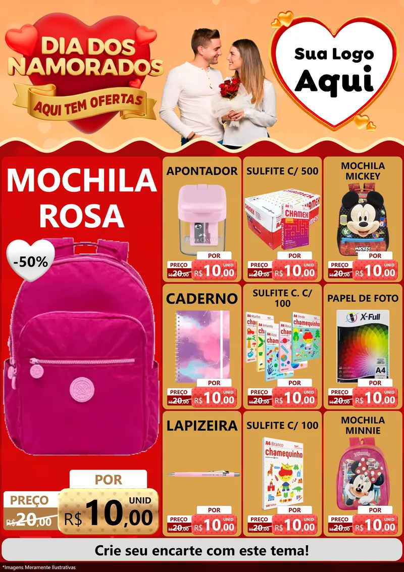 Modelo de Encarte para Encarte A4 Vertical com o tema Dia dos Namorados - Aqui Tem Ofertas para Papelaria