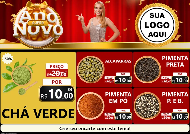 Modelo de Encarte para Encarte A4 Horizontal com o tema Super Ano Novo para Produtos Naturais