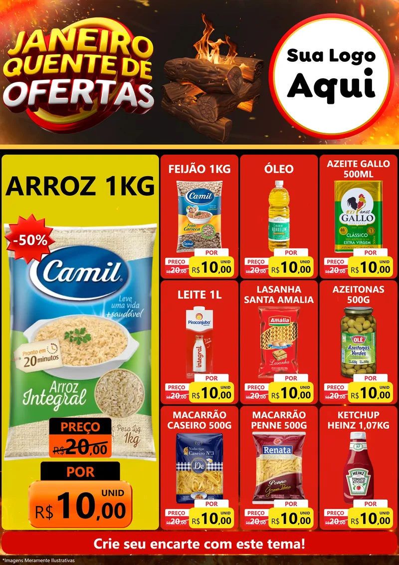 Modelo de Encarte para Encarte A4 Vertical com o tema Janeiro Quente de Ofertas para Supermercado