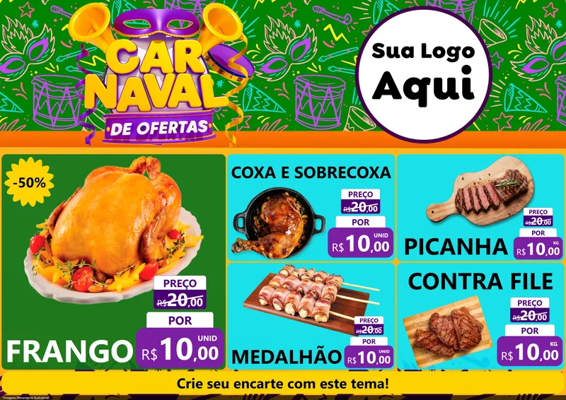 Modelo de Encarte para Encarte A4 Horizontal com o tema Carnaval de Ofertas para Assados
