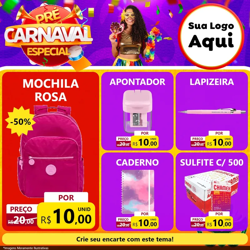 Modelo de Rede Social para Feed Facebook com o tema Pré-Carnaval Especial para Papelaria