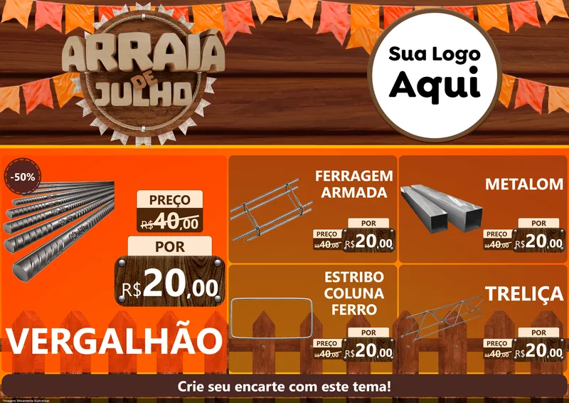 Modelo de Encarte para Encarte A4 Horizontal com o tema Arraiá de Julho - Junina para Ferragens