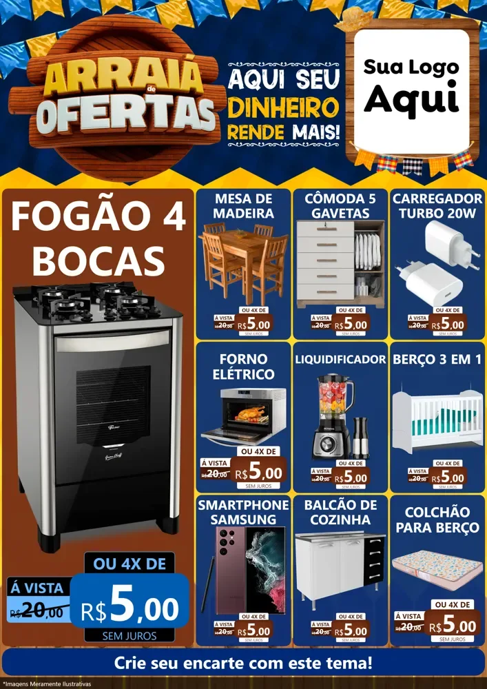 Modelo de Encarte para Encarte A4 Vertical com o tema Arraiá de Ofertas - Junina para Móveis e Eletro