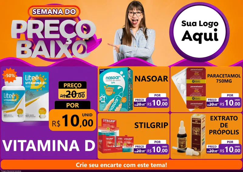 Modelo de Encarte para Encarte A4 Horizontal com o tema Semana do Preço Baixo para Farmácia