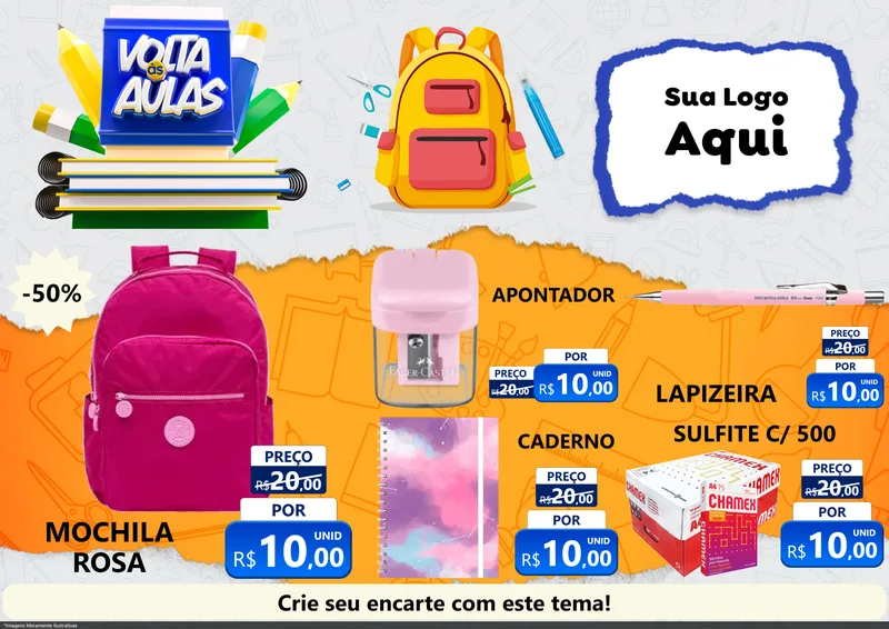 Modelo de Encarte para Encarte A4 Horizontal com o tema Volta às Aulas para Papelaria