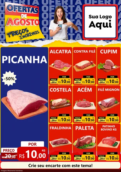 Modelo de Encarte para Encarte A4 Vertical com o tema Ofertas de Agosto - Preços Incríveis para Açougue