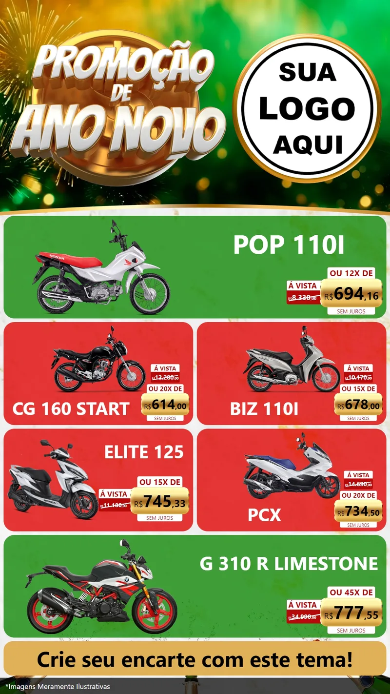Modelo de TV para TV Vertical com o tema Promoção de Ano Novo para Concessionaria de Motos